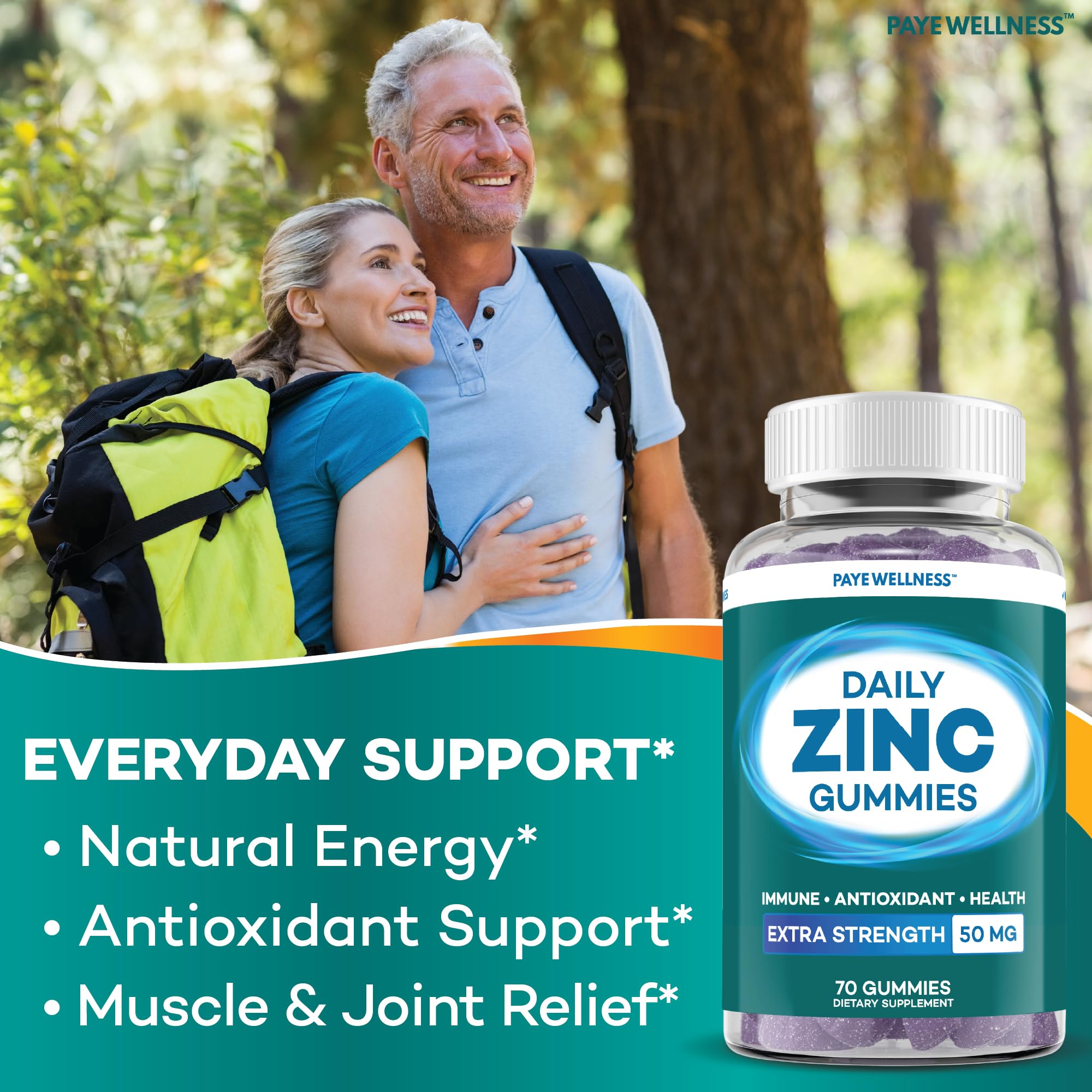 PAYÉ Zinc Gummies three-pack display emphasizing convenient on-the-go use.