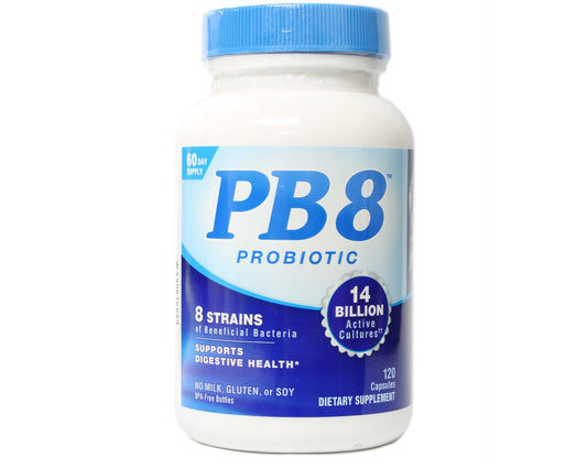 PB8 Probiotic 3-Pack bottle back label shows allergen-free dairy-free gluten-free soy-free formula