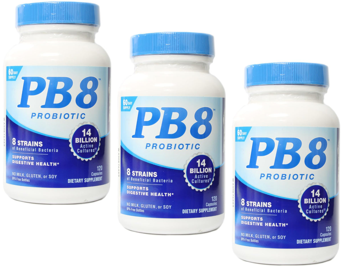 PB8 Probiotic 3-Pack bottle front with 120 capsules supporting daily digestive balance