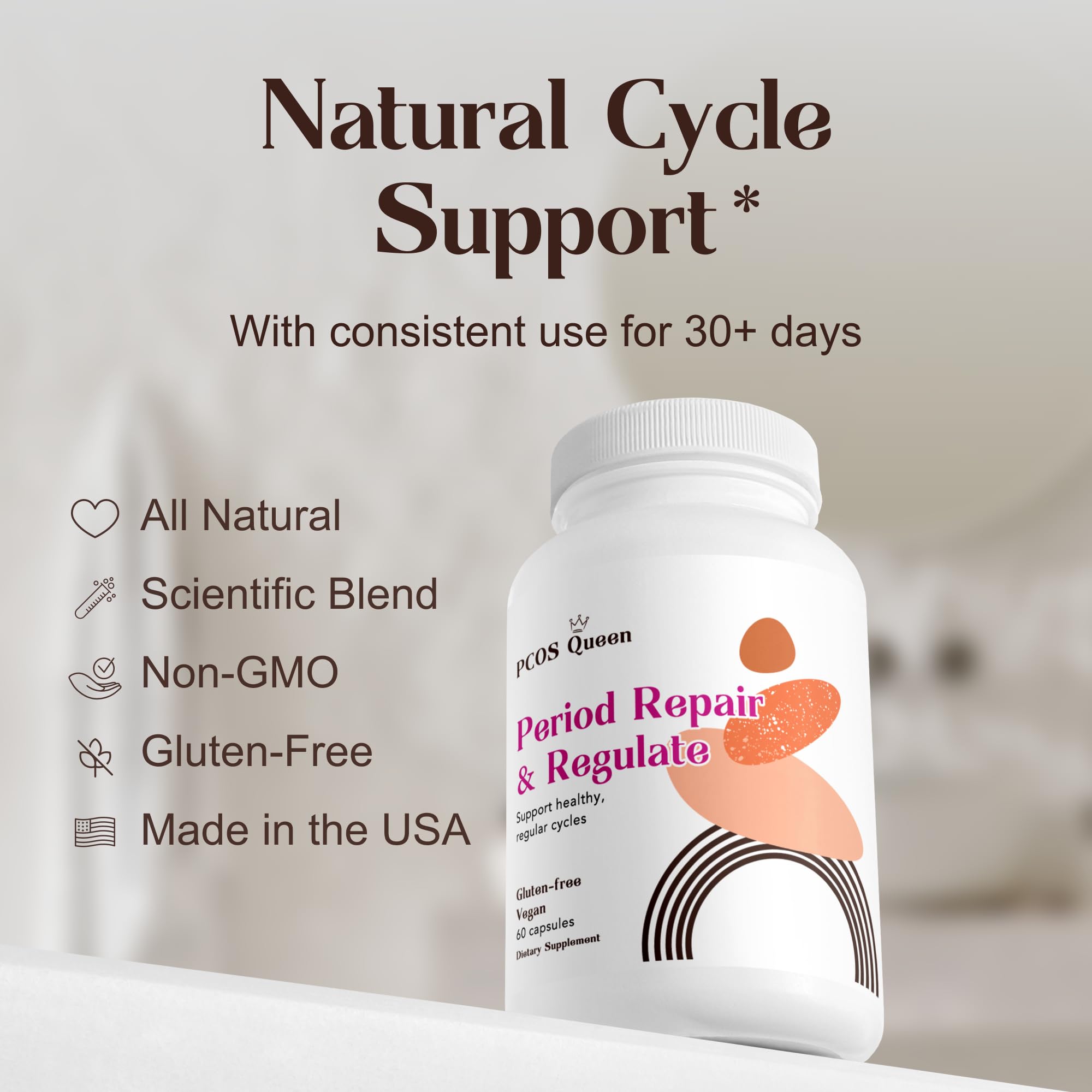 PCOS Queen Period Repair capsules closeup with natural ingredients
