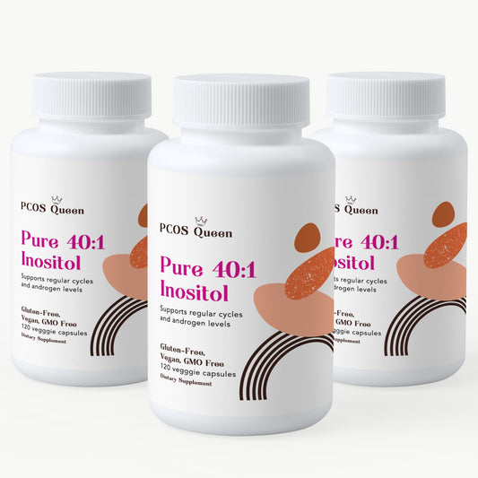 PCOS Queen Pure 40:1 Inositol bottle shown for cycle support.