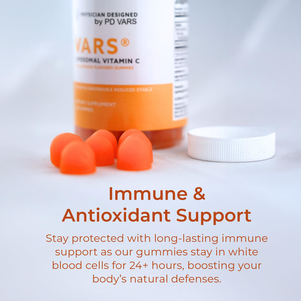 PD VARS gummies orange flavor visible, suggesting a tasty daily vitamin C routine