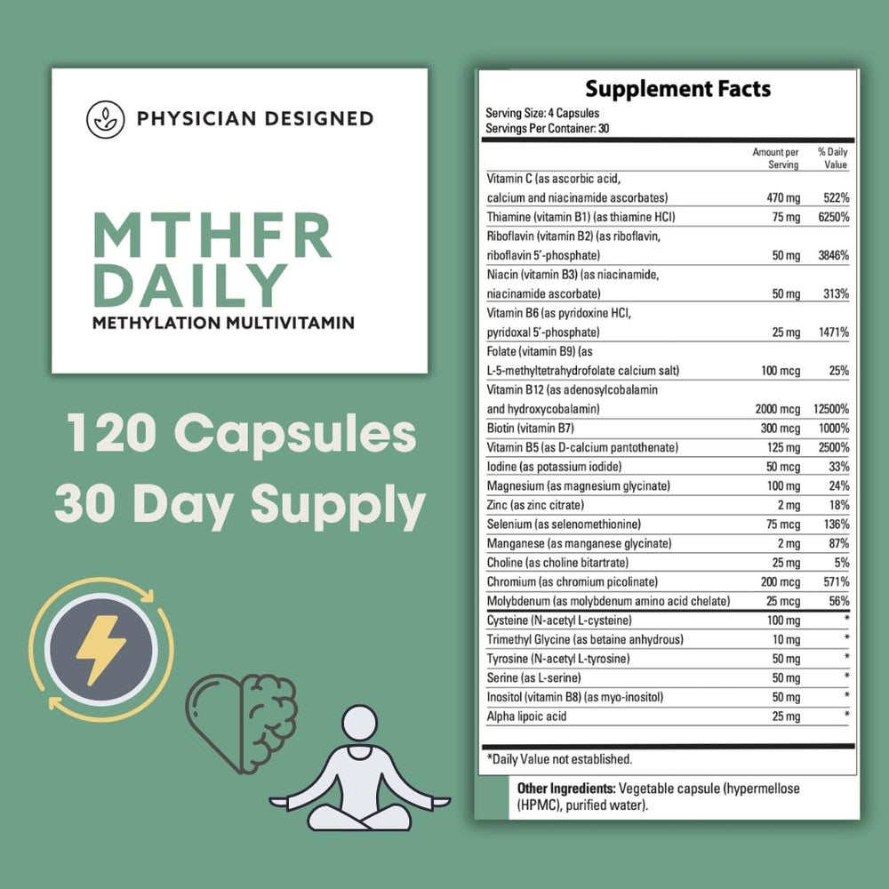 Closeup of PD VARS MTHFR Daily Multivitamin capsules for easy daily use.