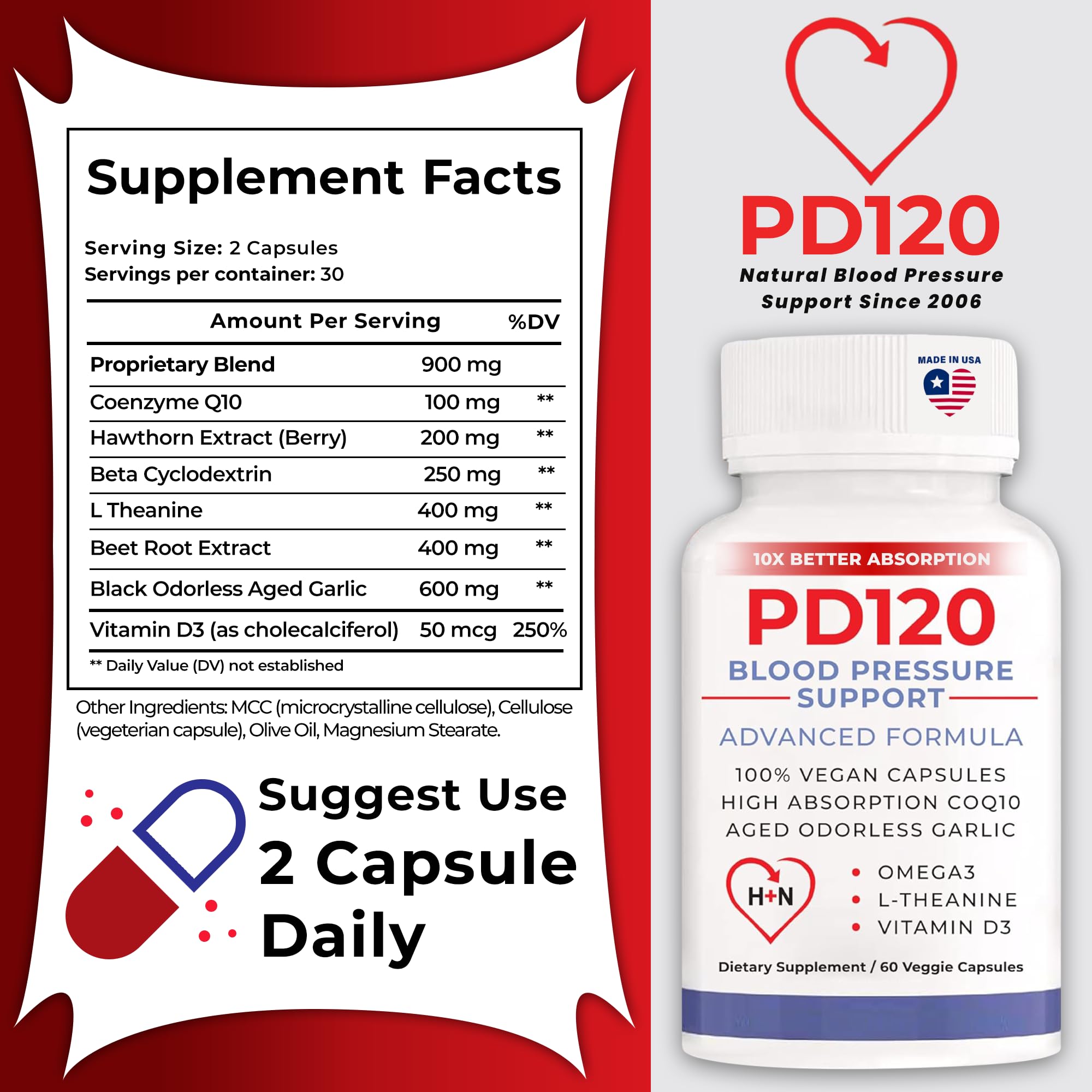 PD120 capsules close-up showing the 8-in-1 formula
