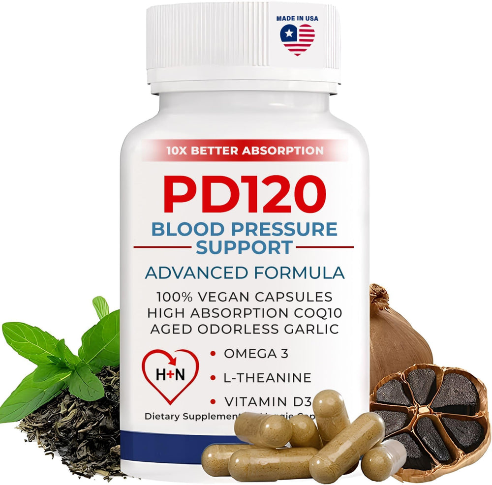 PD120 bottle with black odorless garlic highlights natural ingredients for circulation support.