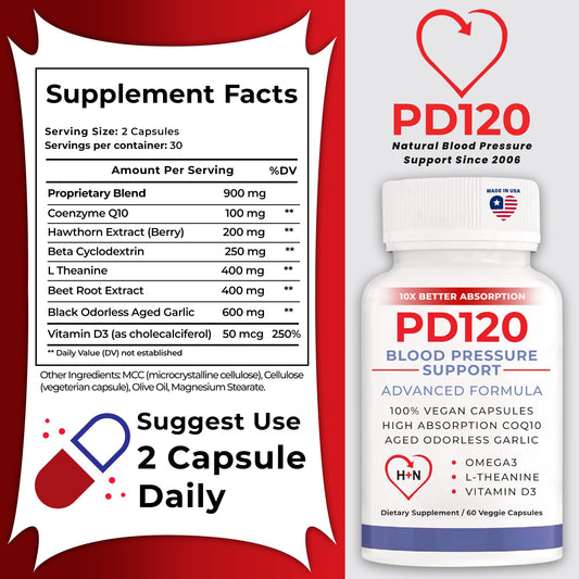 PD120 high-absorption CoQ10 softgels emphasize cardiovascular support.