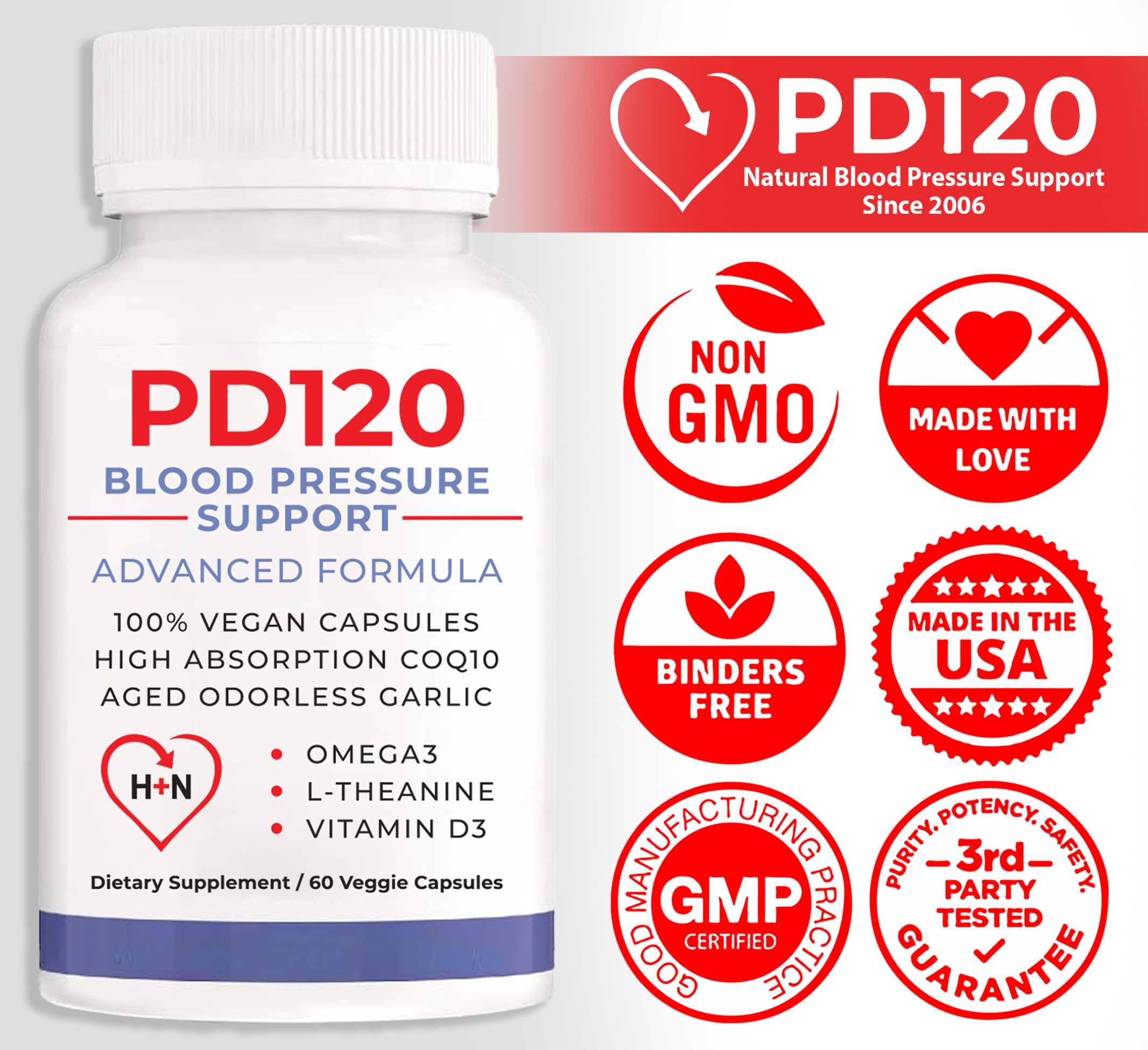 PD120 made in USA in GMP facility badge highlight.
