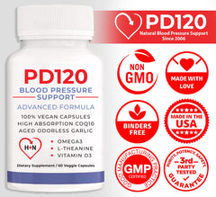 PD120 made in USA in GMP facility badge highlight.