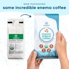 PE Premium Enema Organic coffee label indicating organic sourcing and branding.