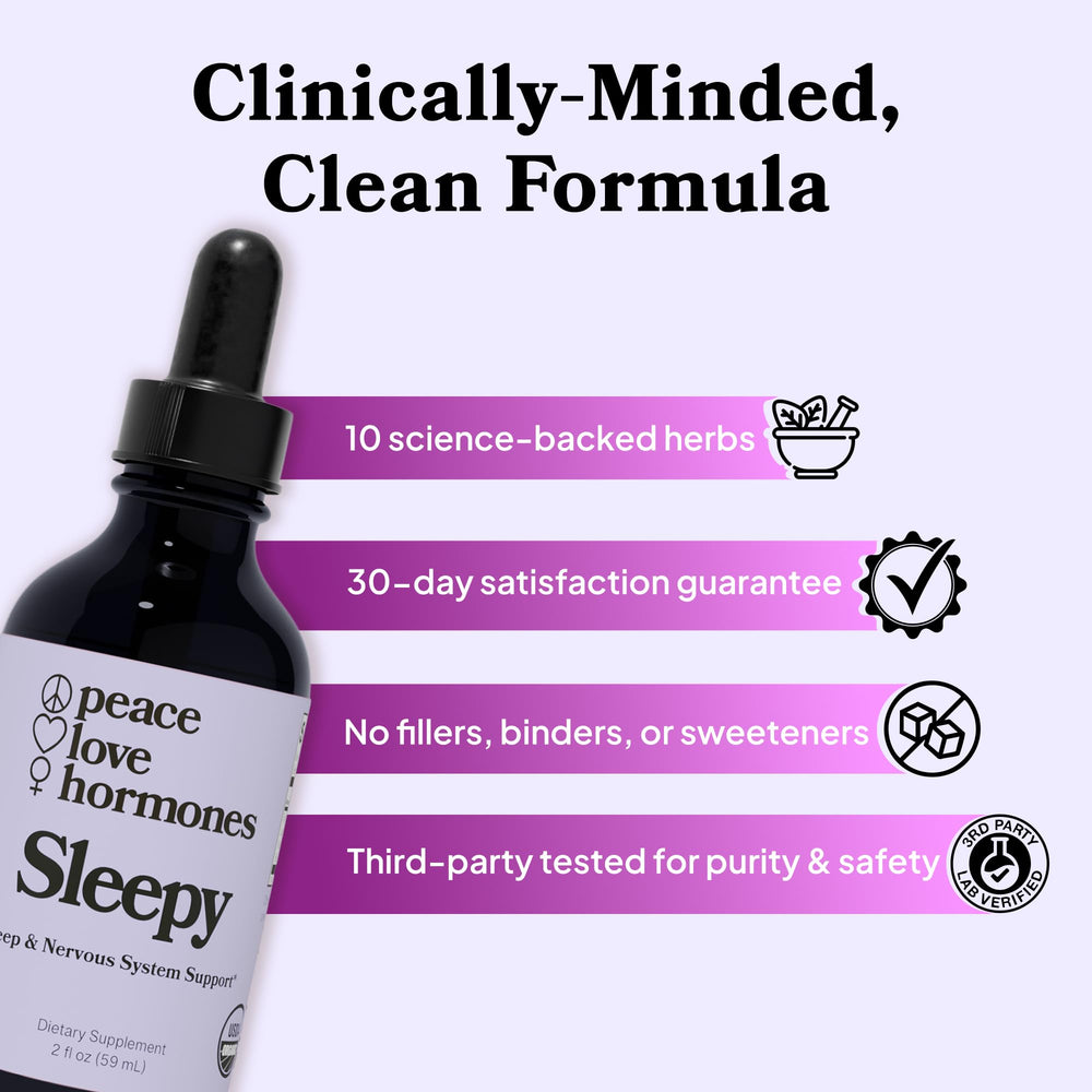 peace. love. hormones. Sleepy bottle with water dilution shows easy nightly ritual.