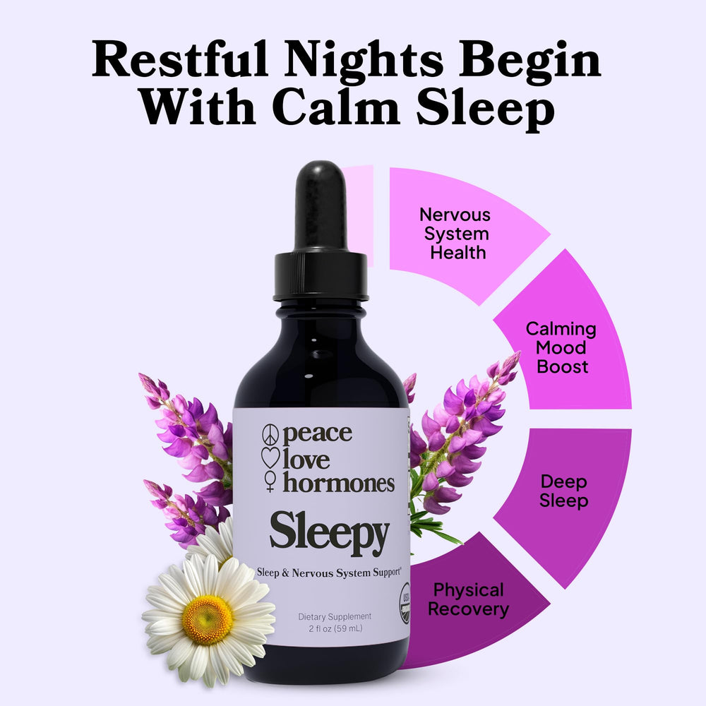 peace. love. hormones. Sleepy label detail emphasizes herbal blend for relaxation.