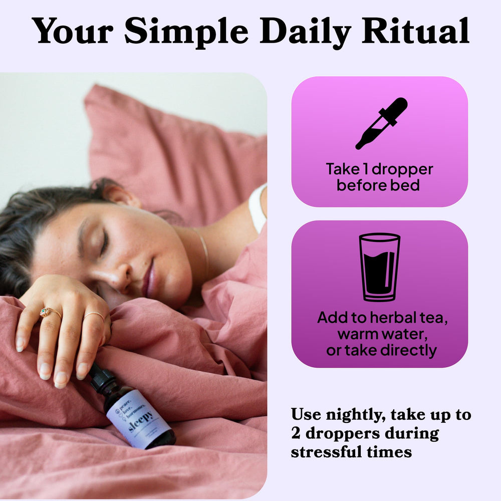 peace. love. hormones. Sleepy packaging shot communicates a natural, women-focused wellness choice.