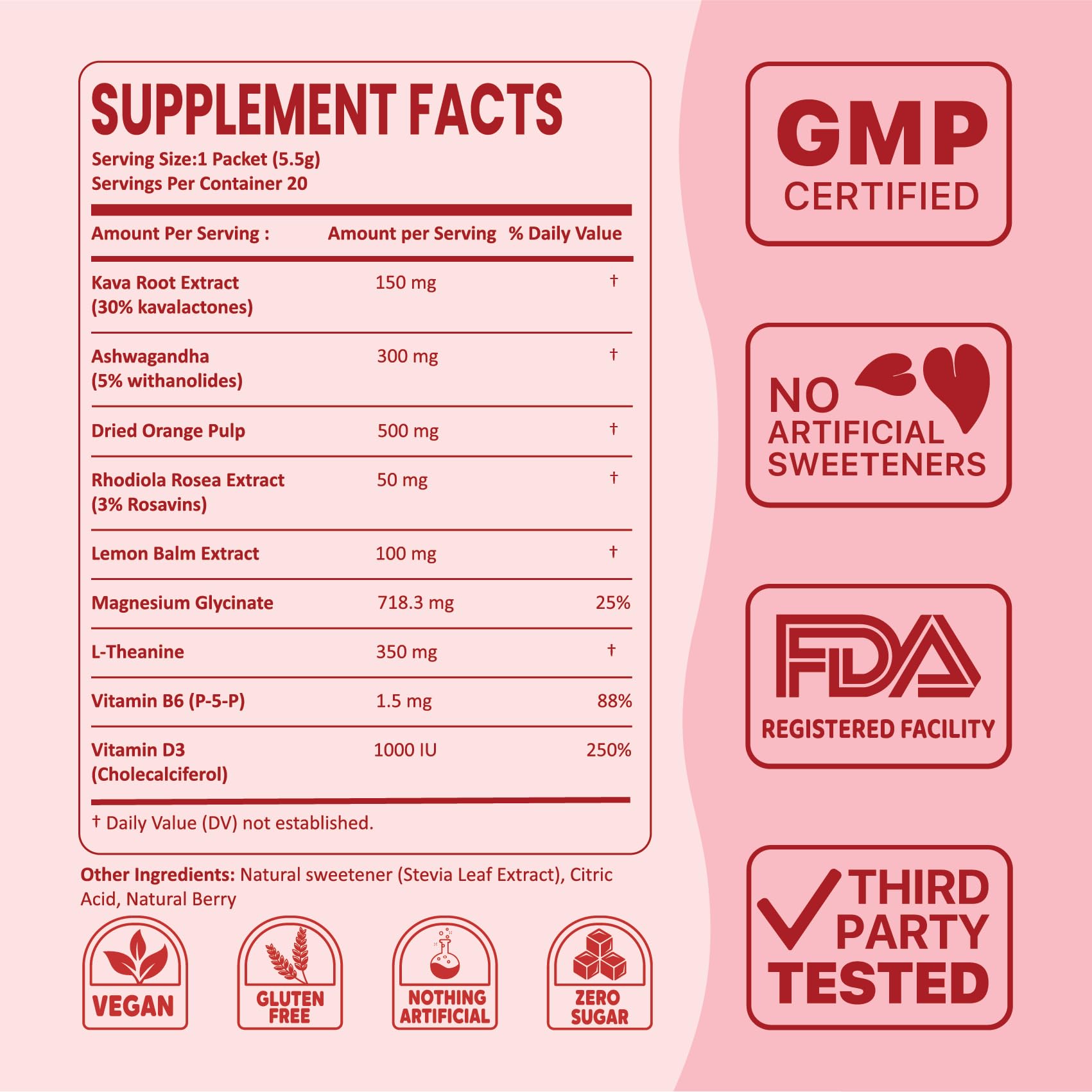 PEACEBLEND SuperCalm label indicates vegan and non-GMO ingredients