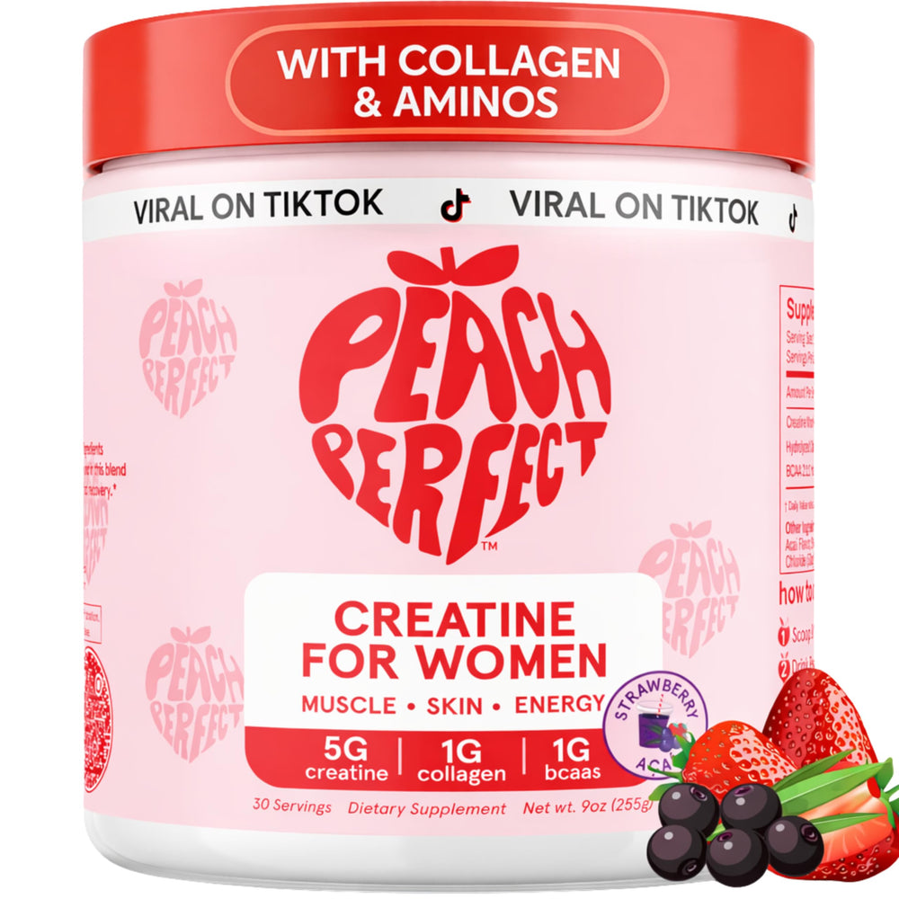 Peach Perfect Creatine Blend bottle with pink lemonade flavor for women and glute support
