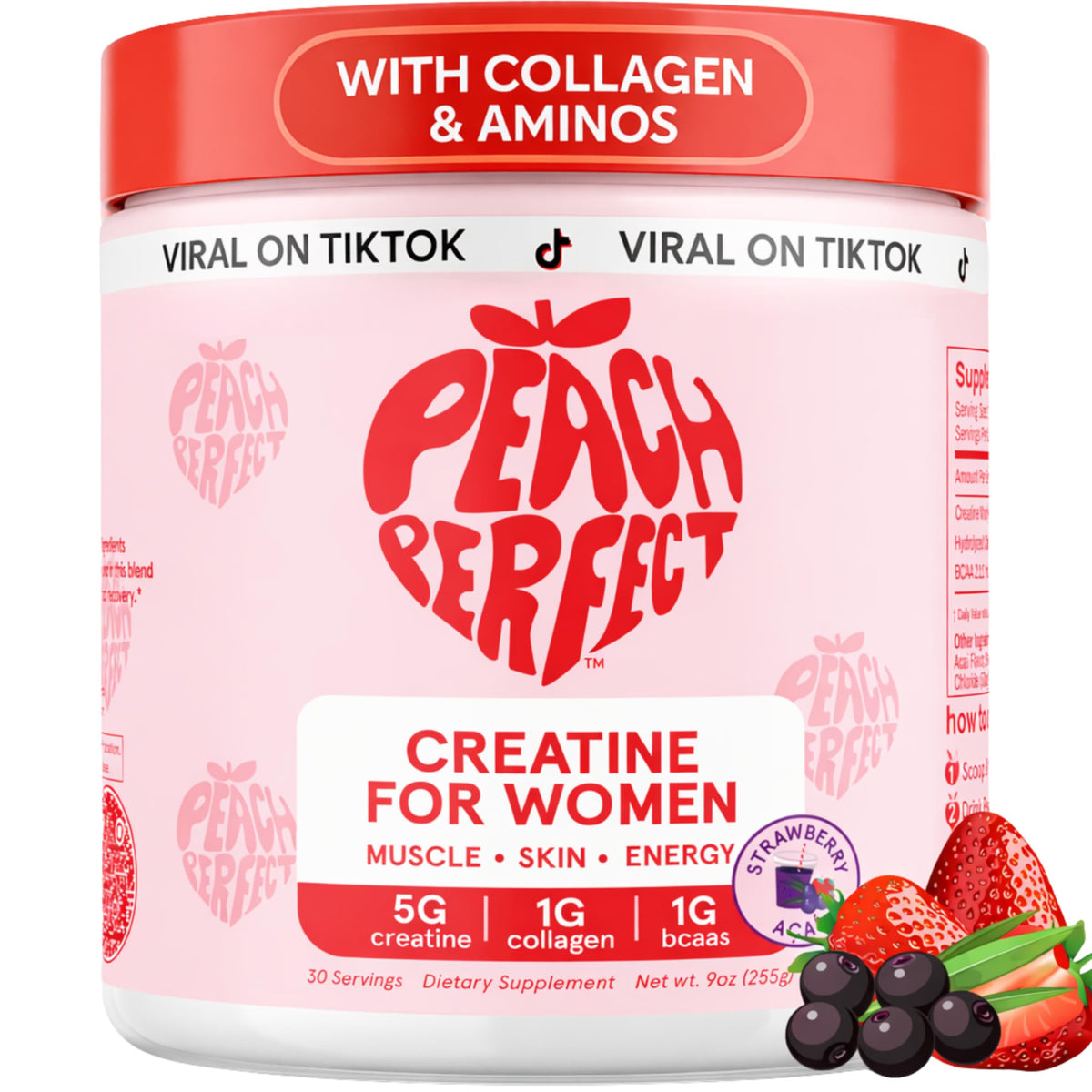 Peach Perfect Creatine Blend bottle with pink lemonade flavor for women and glute support