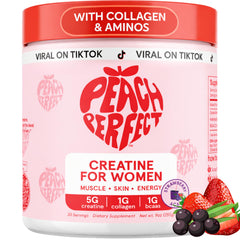 Peach Perfect Creatine Blend bottle with pink lemonade flavor for women and glute support