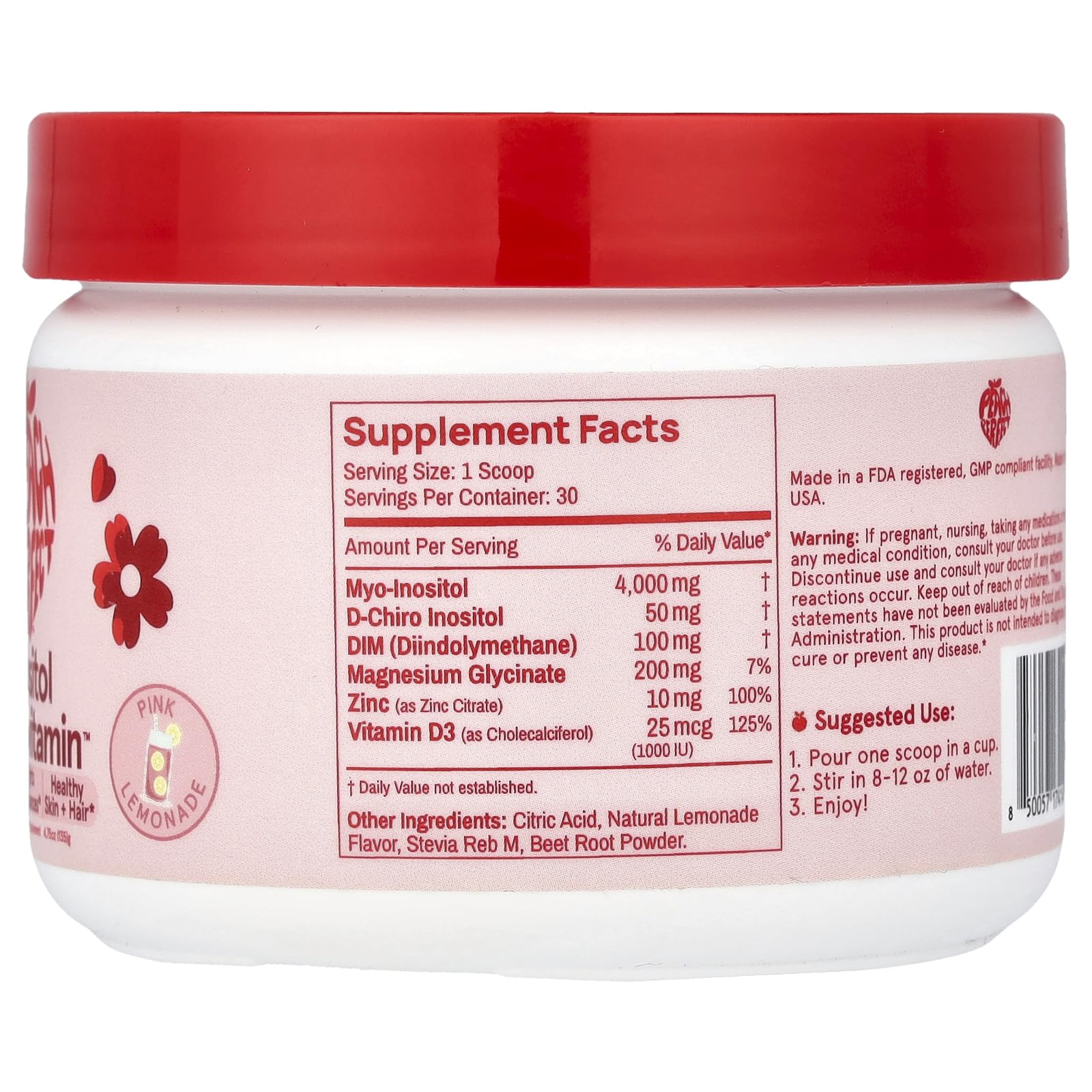 Peach Perfect Inositol label close-up showing vegan, gluten-free, non-GMO features