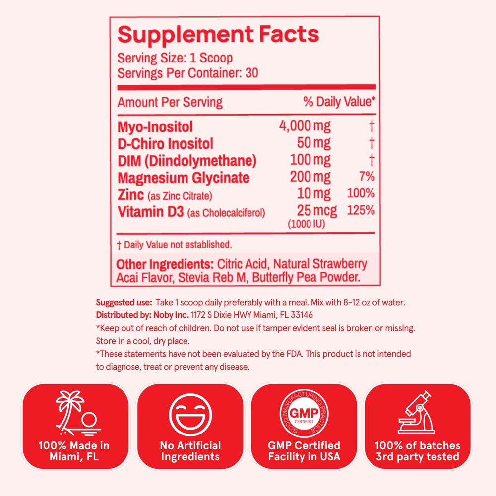 Peach Perfect Inositol Powder strawberry acai closeup suggests flavor appeal.