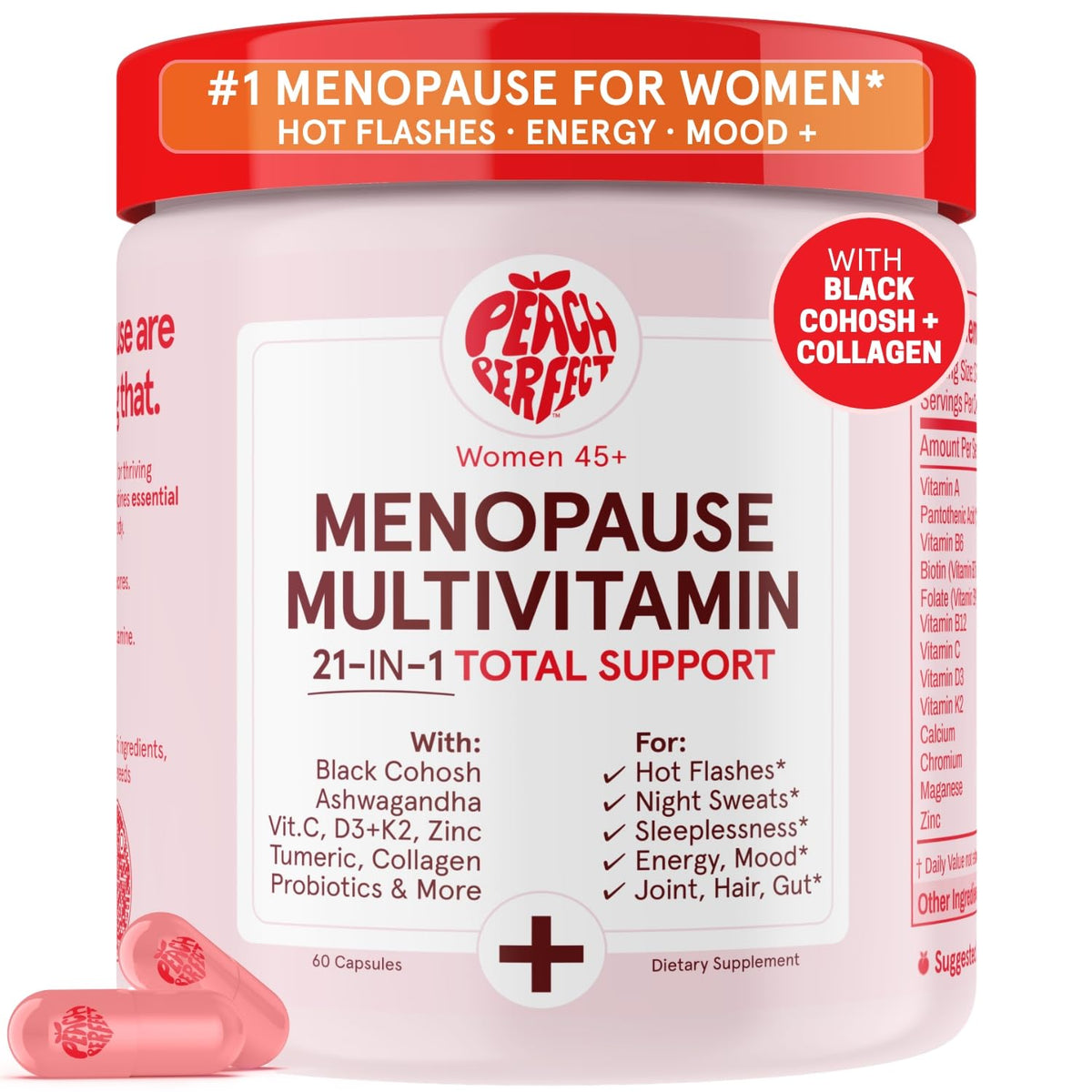 Peach Perfect menopause bottle front offering daily support for women 45+ during transition.