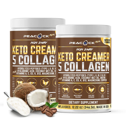 Peacock Max collagen keto creamer powder for coffee blending.