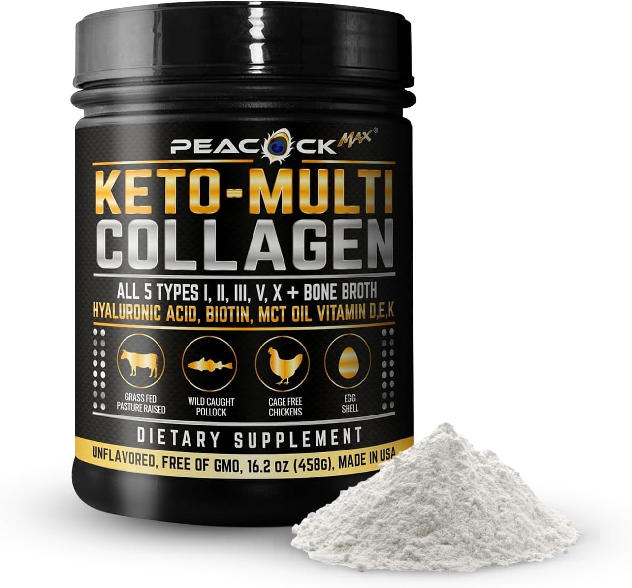 Peacock Max Keto Multi Collagen bottle pour for quick, mess-free daily use.