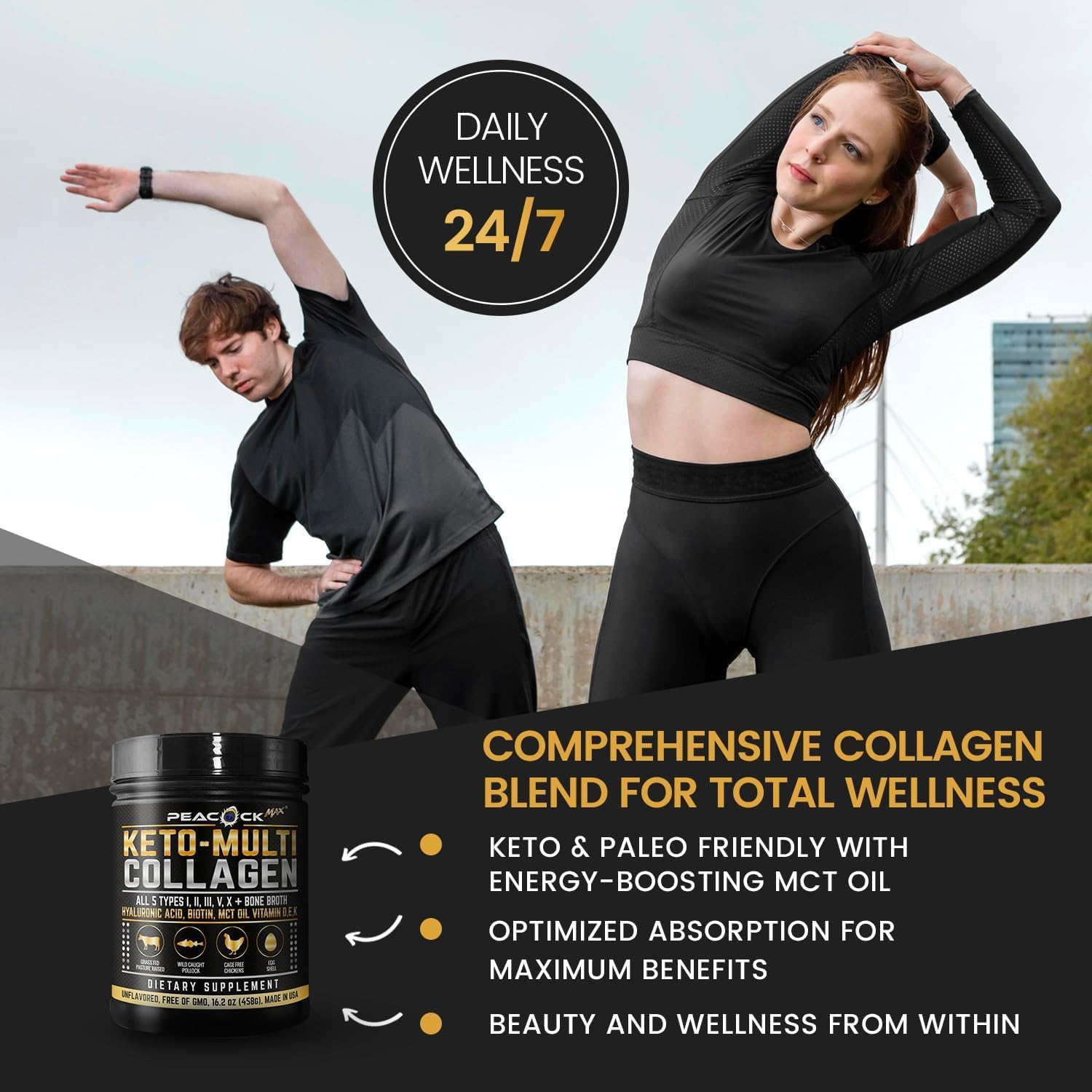 Peacock Max Keto Multi Collagen before workouts supports joint comfort.