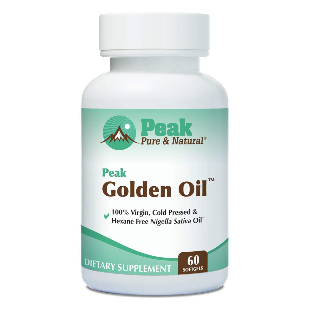 Peak Golden Oil bottle front with capsules for potential daily digestive support.