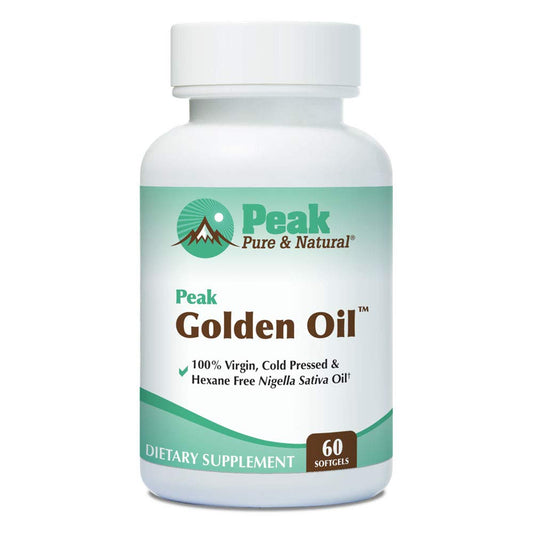 Peak Golden Oil bottle front with capsules for potential daily digestive support.