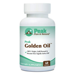 Peak Golden Oil bottle front with capsules for potential daily digestive support.