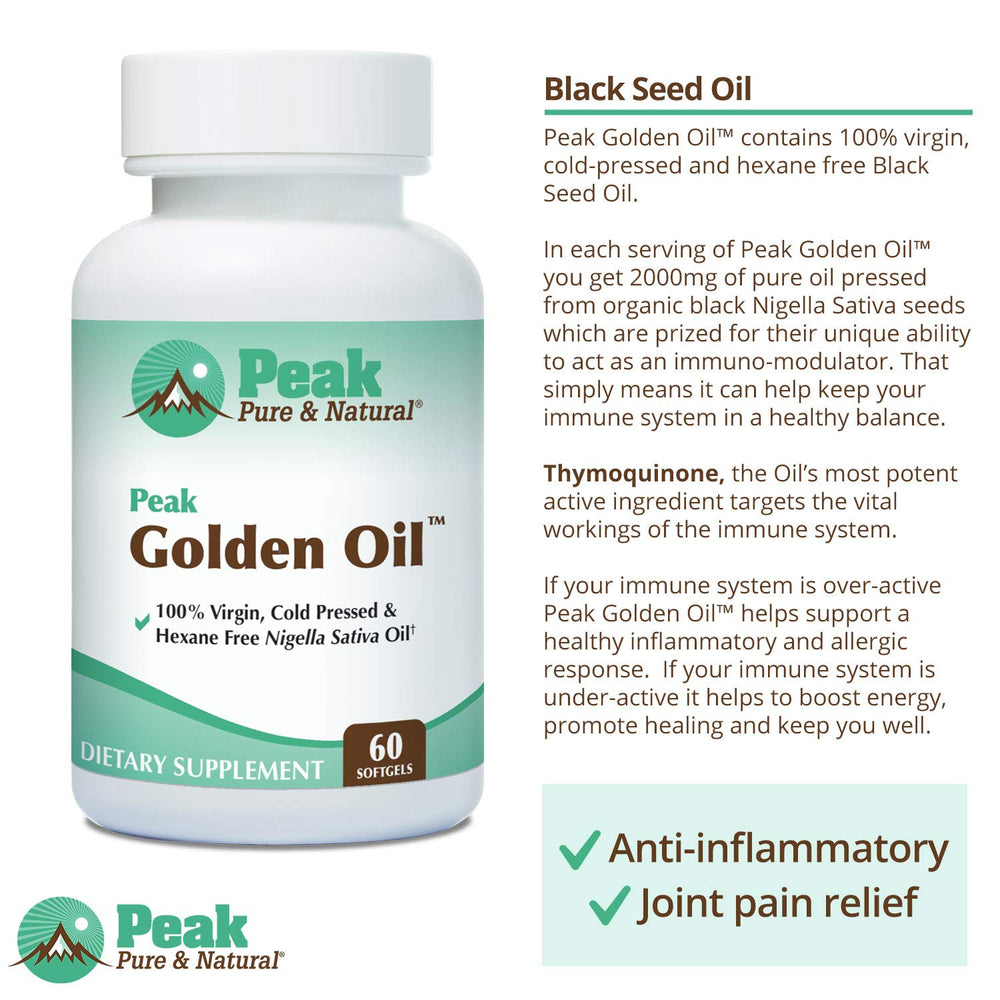 Peak Golden Oil packaging box emphasizes hexane-free, natural formulation.