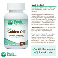 Peak Golden Oil packaging box emphasizes hexane-free, natural formulation.