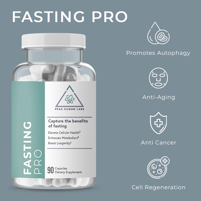 Peak Human Fasting Pro NAD+ Booster capsules in bottle, emphasizing autophagy-friendly formula.