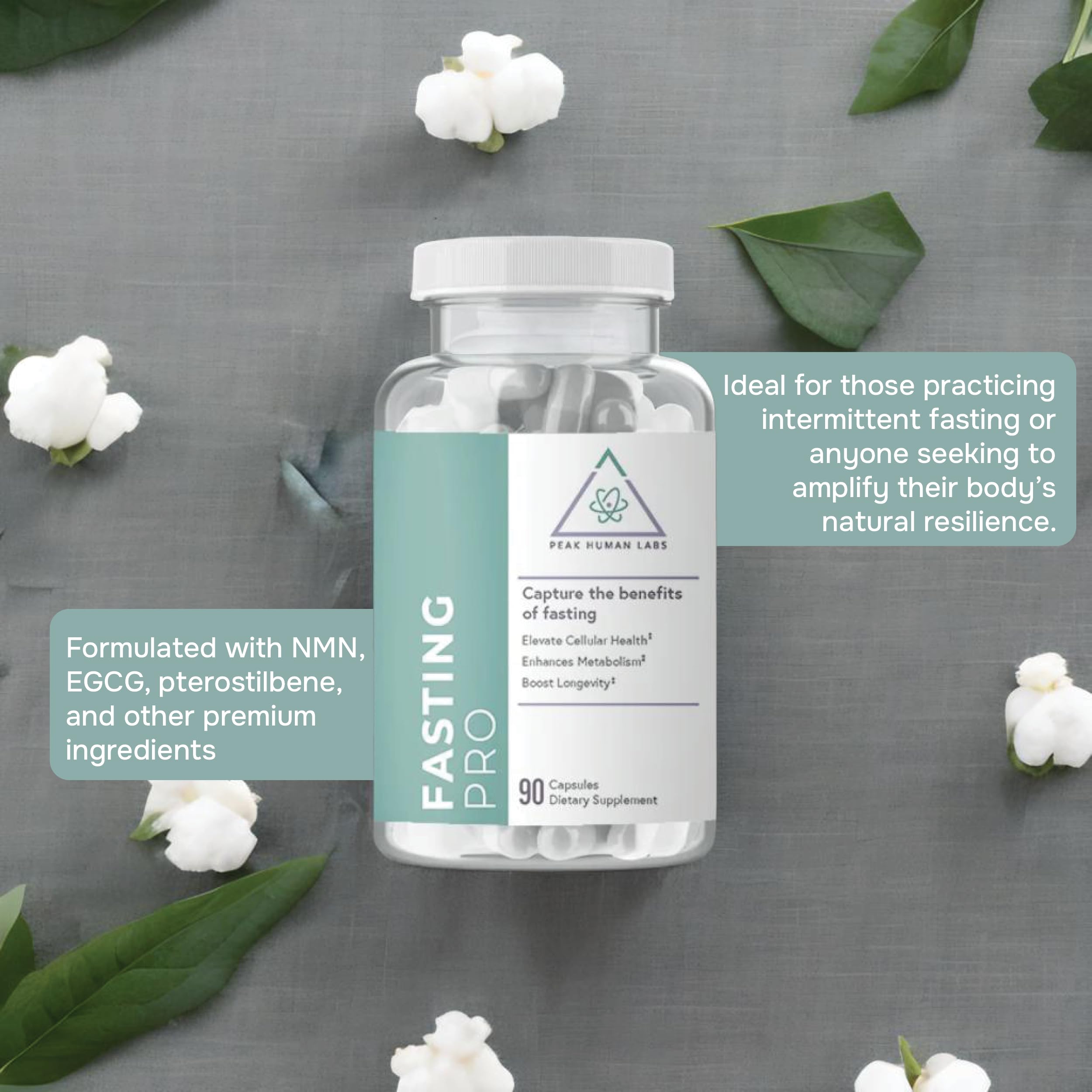 Peak Human Fasting Pro NAD+ Booster packaging on shelf, signaling longevity benefits.