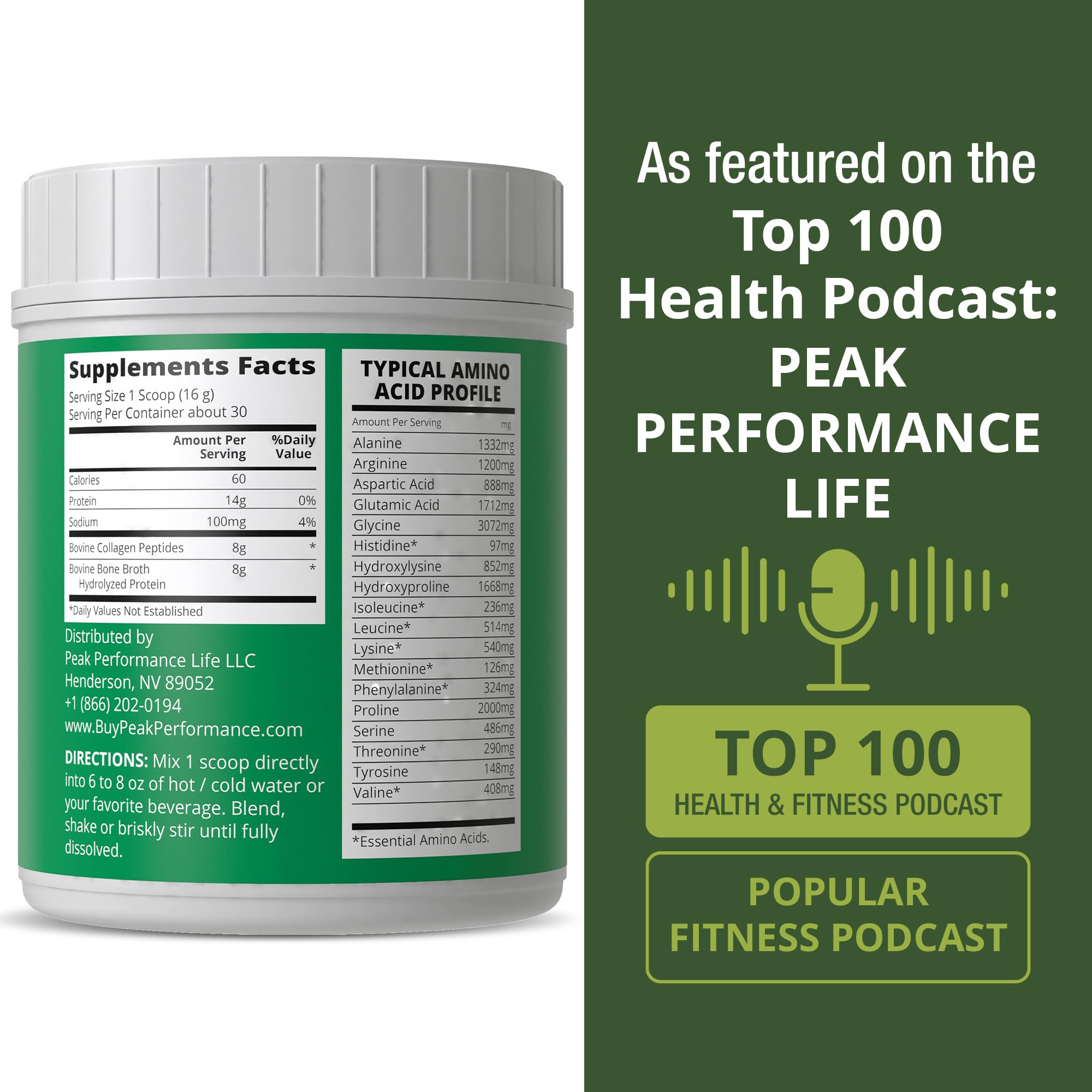 Peak Performance nutrition label highlights 19 amino acids for balanced nutrition
