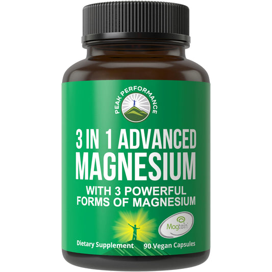 Peak Performance 3-in-1 Magtein bottle front highlighting high absorption magnesium.