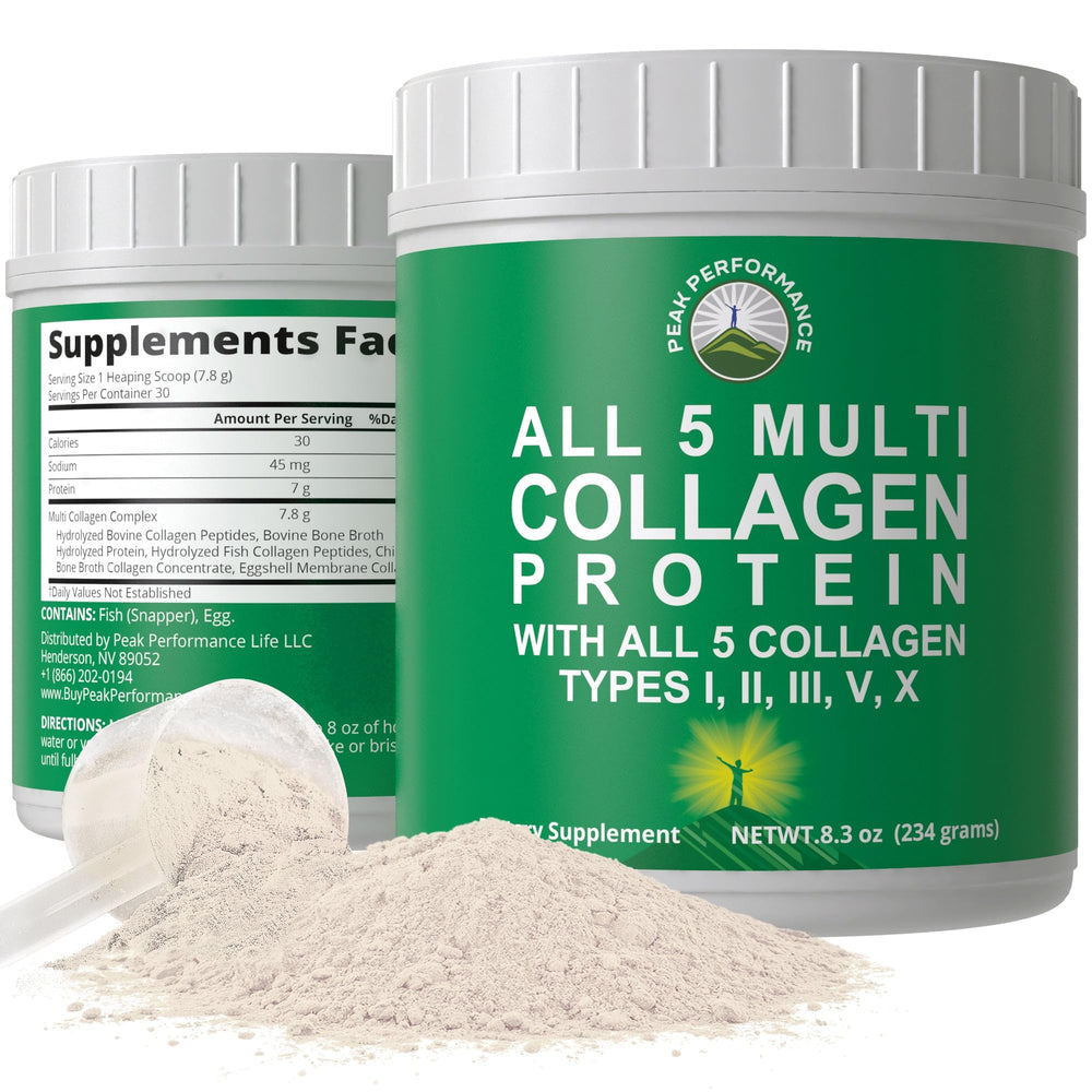 Peak Performance All 5 bottle front showcasing premium multi-collagen formula for joints and skin support.