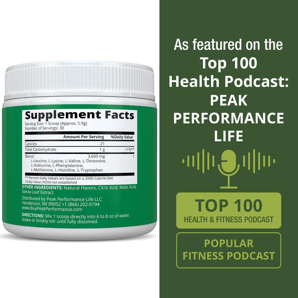 Close-up of Peak Performance All 9 EAAs label showing vegan, non-GMO ingredients