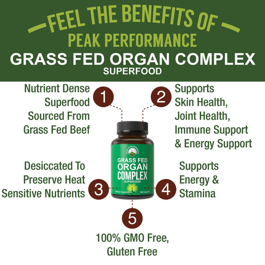 Peak Performance Beef Organ capsules close-up highlighting desiccated nutrients.