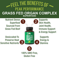 Peak Performance Beef Organ capsules close-up highlighting desiccated nutrients.