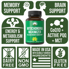 CoQ10 and PQQ blend on label highlights mitochondrial support from natural ingredients.