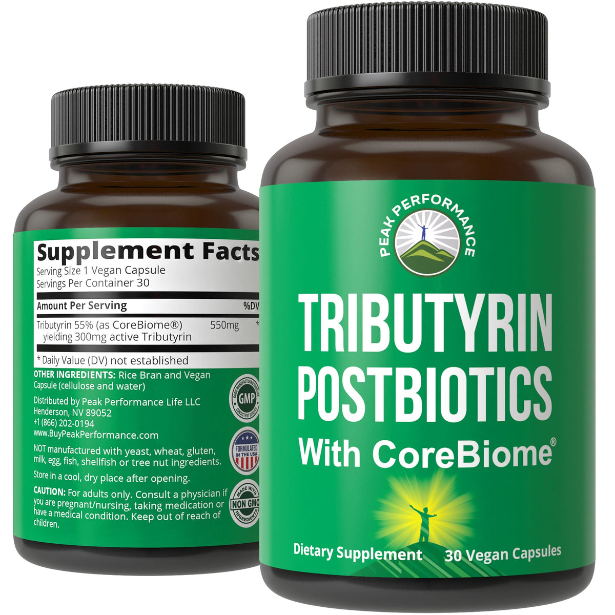 Peak Performance CoreBiome Tributyrin bottle pour promotes targeted gut health with clinically studied colon delivery.