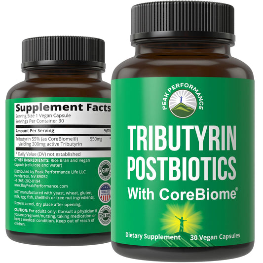 Peak Performance CoreBiome Tributyrin bottle pour promotes targeted gut health with clinically studied colon delivery.