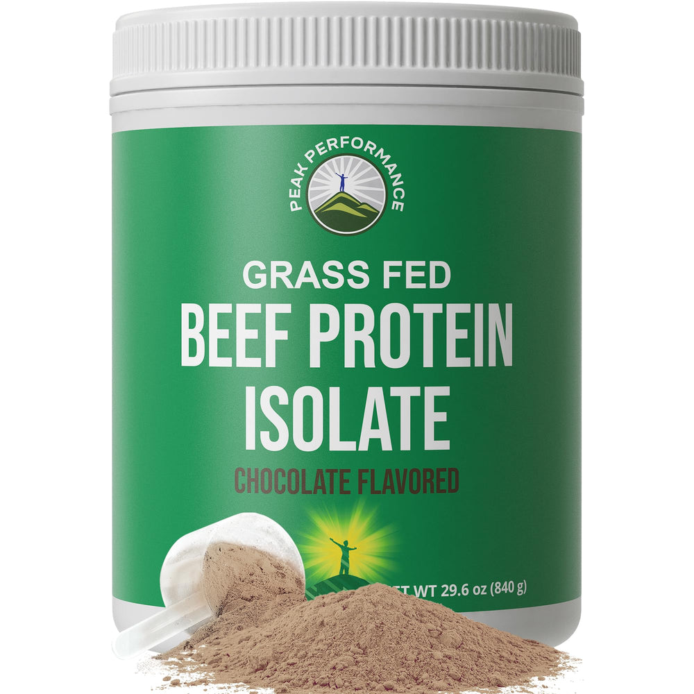 Peak Performance grass-fed beef protein bottle shows lactose-free, dairy-free option for clean protein.