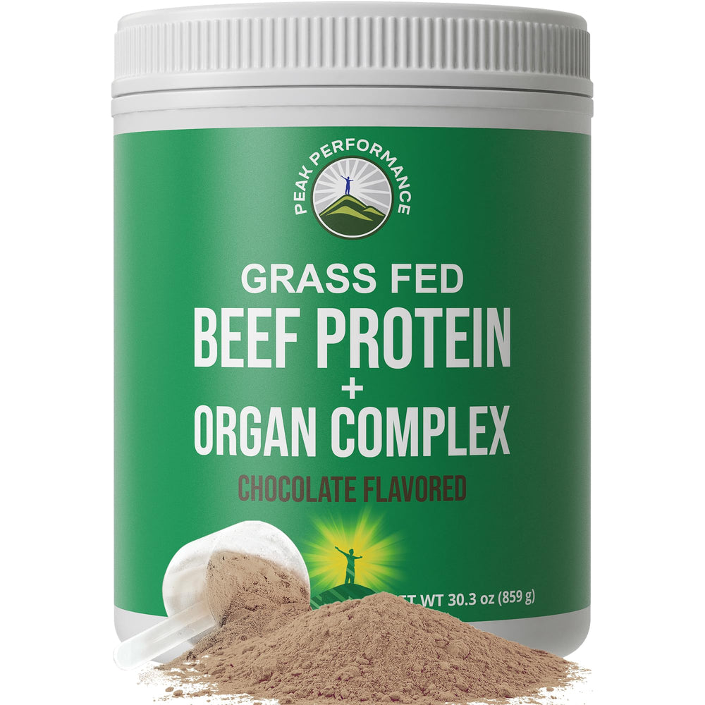 Peak Performance grass-fed beef protein bottle showing lactose free option