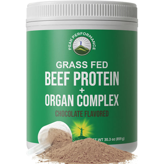 Peak Performance grass-fed beef protein bottle showing lactose free option