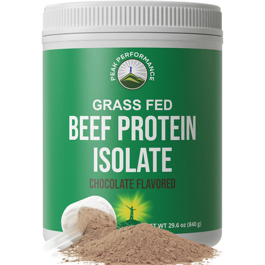 Peak Performance grass-fed beef protein bottle shows lactose-free, dairy-free option for clean protein.