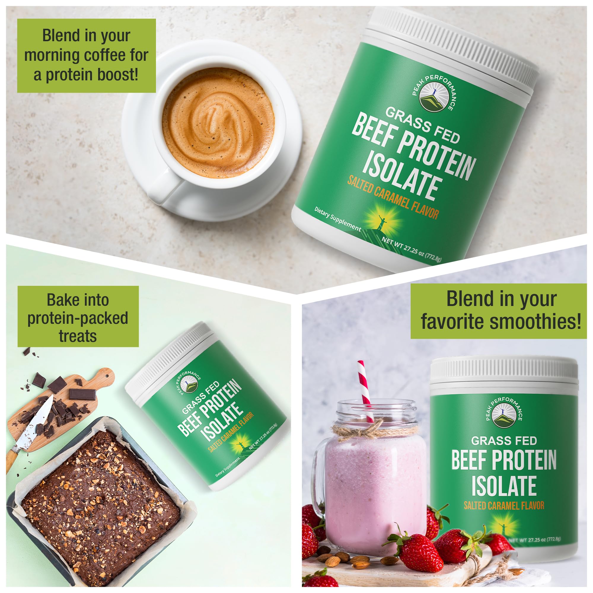 Peak Performance Beef Protein packaging emphasizing lactose-free and gluten-free attributes