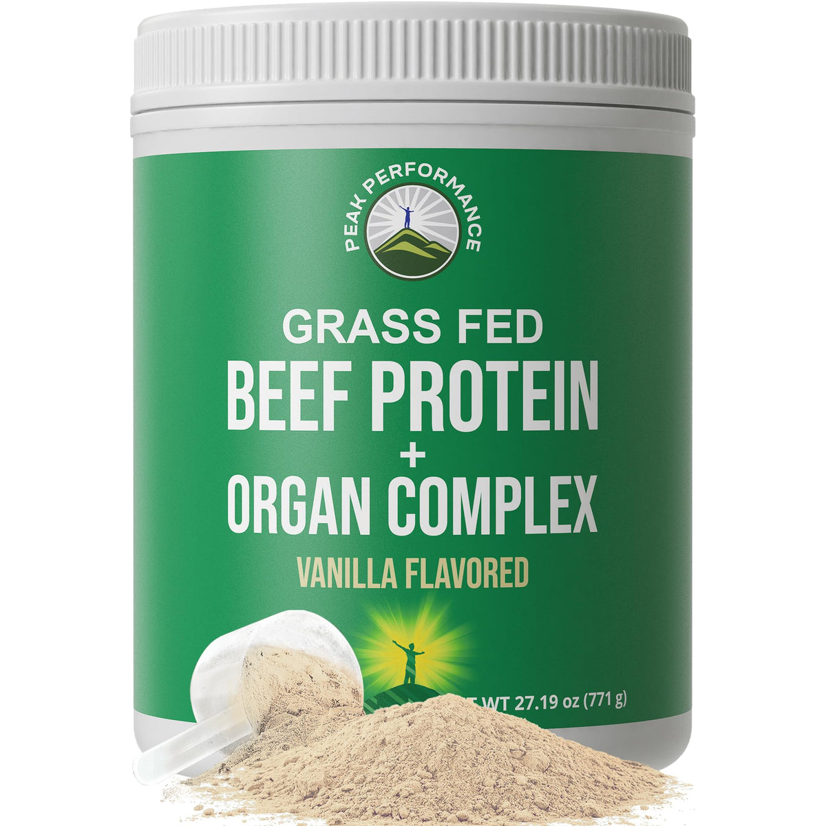 Peak Performance grass-fed beef protein scoop for dairy-free post-workout fueling.