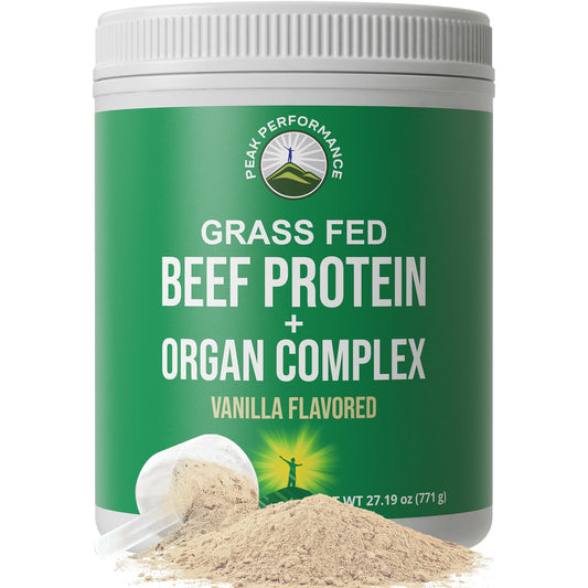 Peak Performance grass-fed beef protein scoop for dairy-free post-workout fueling.