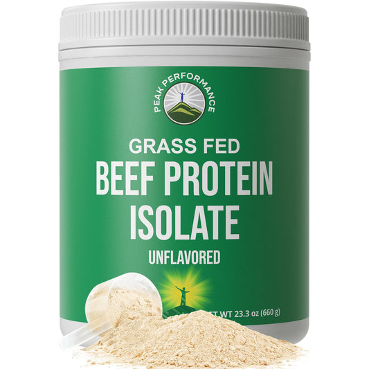 Peak Performance grass-fed beef protein tub, lactose-free option for workouts